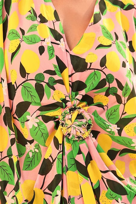 Meher By Islie Green Crepe Plunge Neck Lemon Zest Print Kurta And Pant Set Online at Aza Fashions Meher By Islie_Green Crepe Plunge Neck Lemon Zest Print Kurta And Pant Set _Online_at_Aza_Fashions