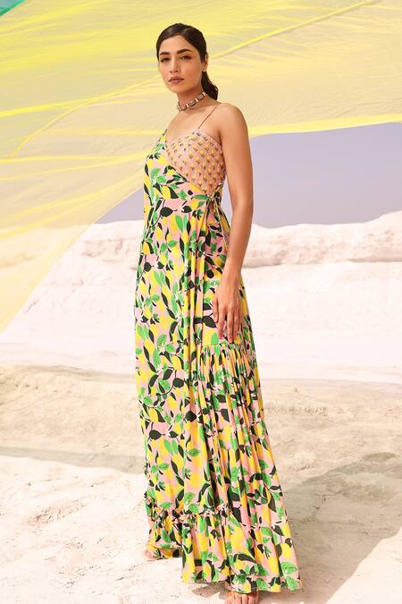 Meher By Islie Green Kota Doria, Crepe Sequins, Mirrors Lemon Zest Print Drape Palazzo Set Online at Aza Fashions Meher By Islie_Green Kota Doria, Crepe Sequins, Mirrors Lemon Zest Print Drape Palazzo Set _Online_at_Aza_Fashions