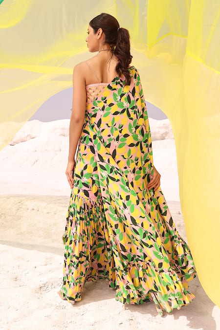Shop Meher By Islie Green Kota Doria, Crepe Sequins, Mirrors Lemon Zest Print Drape Palazzo Set at Aza Fashions Shop_Meher By Islie_Green Kota Doria, Crepe Sequins, Mirrors Lemon Zest Print Drape Palazzo Set _at_Aza_Fashions