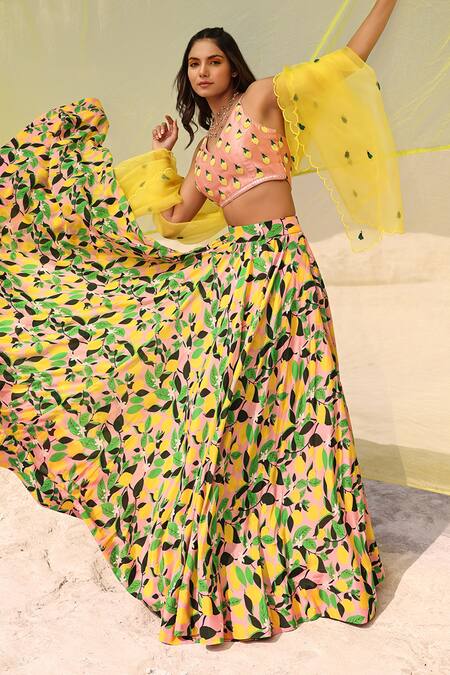 Meher By Islie Green Organza, Kota Doria, Crepe Embroidery V-neck Lemon Zest Print Skirt Set Online at Aza Fashions Meher By Islie_Green Organza, Kota Doria, Crepe Embroidery V-neck Lemon Zest Print Skirt Set _Online_at_Aza_Fashions