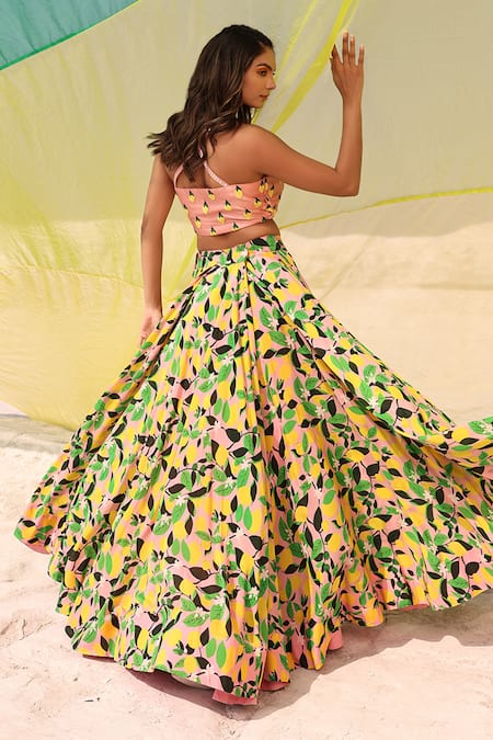 Shop Meher By Islie Green Organza, Kota Doria, Crepe Embroidery V-neck Lemon Zest Print Skirt Set at Aza Fashions Shop_Meher By Islie_Green Organza, Kota Doria, Crepe Embroidery V-neck Lemon Zest Print Skirt Set _at_Aza_Fashions