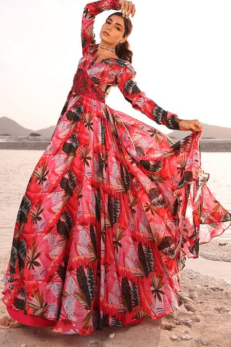 Meher By Islie Multi Color Organza, Crepe Cut Work, Beads Scoop Maple Leaf Print Corset Gown Online at Aza Fashions Meher By Islie_Multi Color Organza, Crepe Cut Work, Beads Scoop Maple Leaf Print Corset Gown _Online_at_Aza_Fashions