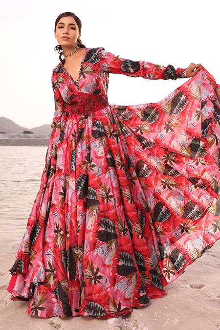 Buy Meher By Islie Multi Color Organza, Crepe Cut Work, Beads Scoop Maple Leaf Print Corset Gown Online at Aza Fashions Buy_Meher By Islie_Multi Color Organza, Crepe Cut Work, Beads Scoop Maple Leaf Print Corset Gown _Online_at_Aza_Fashions