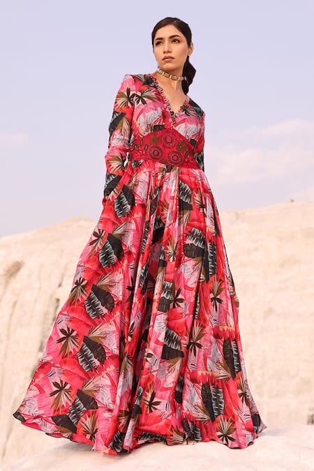 MEHER BY ISLIE Maple Leaf Print Corset Gown 