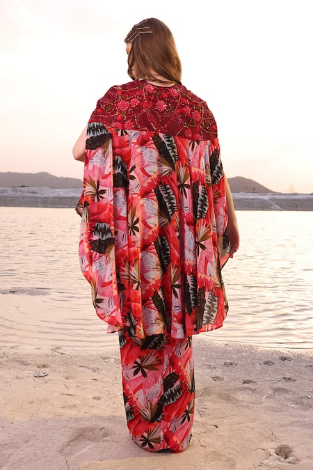 Shop Meher By Islie Multi Color Organza, Crepe Beads, Cut Maple Leaf Print Cape Draped Skirt Set at Aza Fashions Shop_Meher By Islie_Multi Color Organza, Crepe Beads, Cut Maple Leaf Print Cape Draped Skirt Set _at_Aza_Fashions