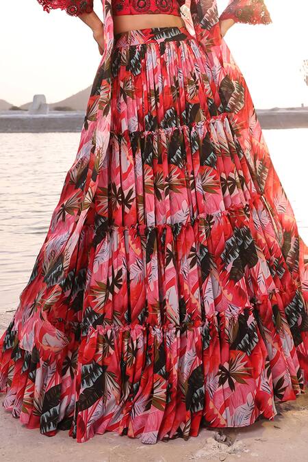 Meher By Islie_Multi Color Silk, Crepe Beads, Cut Work V-neck Maple Leaf Print Cape Skirt Set _Online_at_Aza_Fashions