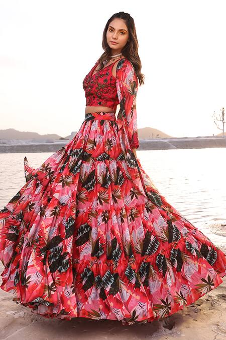 Shop_Meher By Islie_Multi Color Silk, Crepe Beads, Cut Work V-neck Maple Leaf Print Cape Skirt Set _Online_at_Aza_Fashions