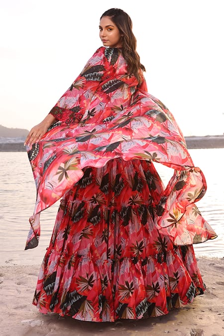 Meher By Islie Maple Leaf Print Cape Skirt Set 