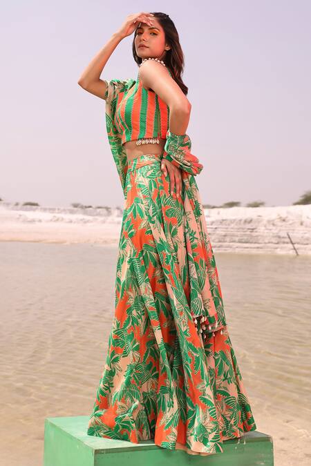 Meher By Islie Pink Kota Doria Square Neck Parrot Paradise Print Skirt Set Online at Aza Fashions Meher By Islie_Pink Kota Doria Square Neck Parrot Paradise Print Skirt Set _Online_at_Aza_Fashions