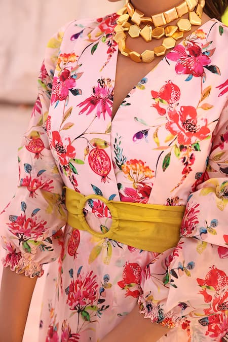 Buy_Meher By Islie_Pink Cotton, Silk V-neck Picasso Floral Print Dress _Online_at_Aza_Fashions