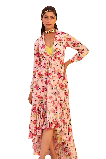 Meher By Islie Pink Crepe V-neck Picasso Botanical Print Dress Online at Aza Fashions Meher By Islie_Pink Crepe V-neck Picasso Botanical Print Dress _Online_at_Aza_Fashions