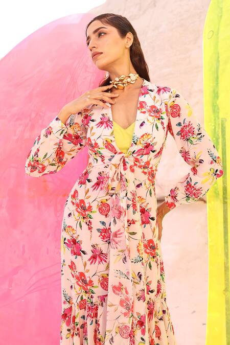 Buy Meher By Islie Pink Crepe V-neck Picasso Botanical Print Dress Online at Aza Fashions Buy_Meher By Islie_Pink Crepe V-neck Picasso Botanical Print Dress _Online_at_Aza_Fashions