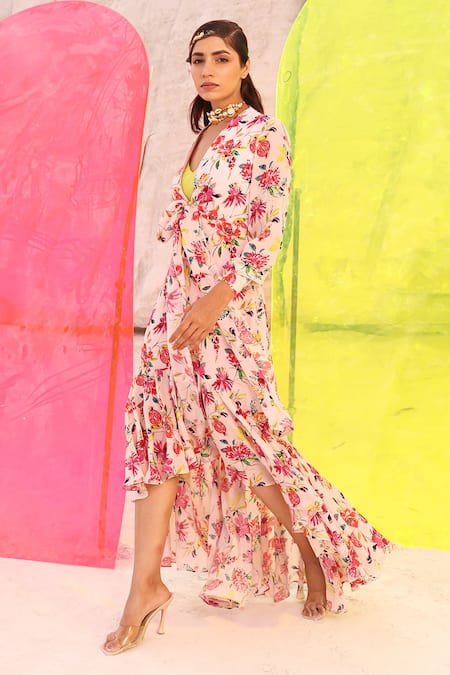 Shop Meher By Islie Pink Crepe V-neck Picasso Botanical Print Dress at Aza Fashions Shop_Meher By Islie_Pink Crepe V-neck Picasso Botanical Print Dress _at_Aza_Fashions