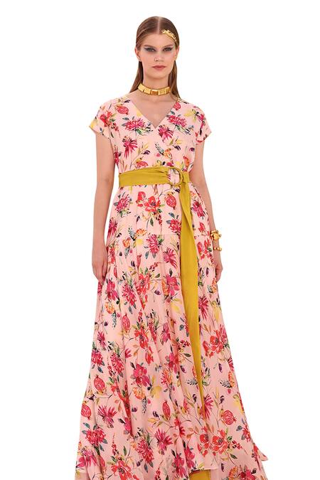 Meher By Islie Pink Crepe, Silk Bows V-neck Picaasso Botanical Print Gown Online at Aza Fashions Meher By Islie_Pink Crepe, Silk Bows V-neck Picaasso Botanical Print Gown _Online_at_Aza_Fashions