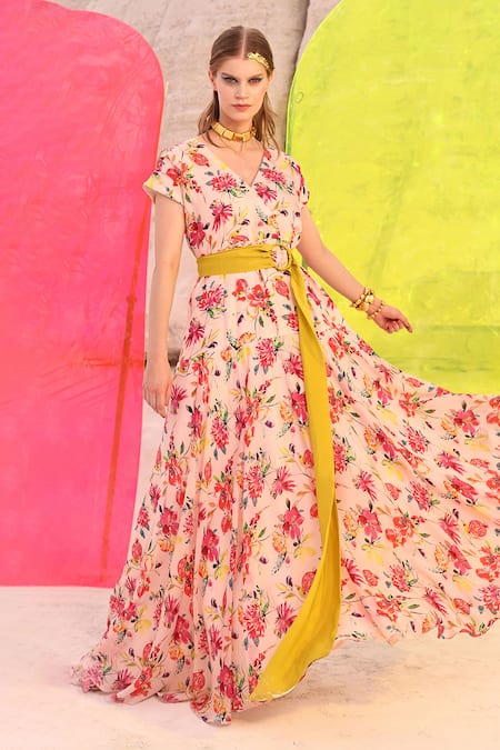 Buy Meher By Islie Pink Crepe, Silk Bows V-neck Picaasso Botanical Print Gown Online at Aza Fashions Buy_Meher By Islie_Pink Crepe, Silk Bows V-neck Picaasso Botanical Print Gown _Online_at_Aza_Fashions