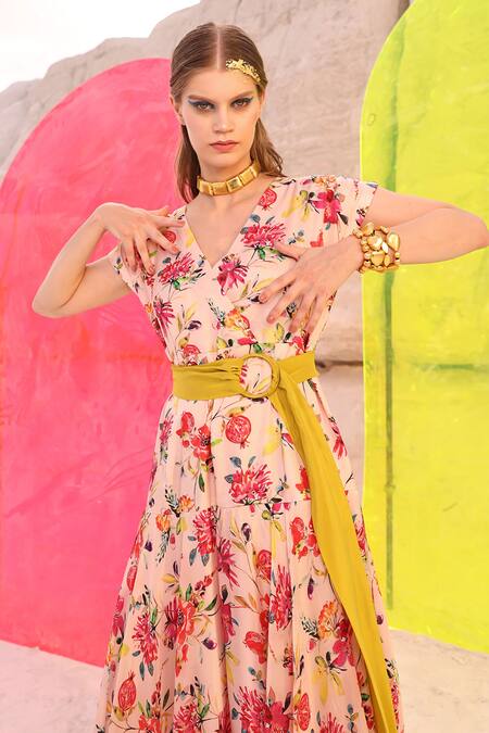Shop Meher By Islie Pink Crepe, Silk Bows V-neck Picaasso Botanical Print Gown Online at Aza Fashions Shop_Meher By Islie_Pink Crepe, Silk Bows V-neck Picaasso Botanical Print Gown _Online_at_Aza_Fashions