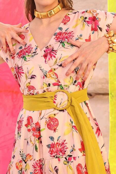 Meher By Islie Pink Crepe, Silk Bows V-neck Picaasso Botanical Print Gown at Aza Fashions Meher By Islie_Pink Crepe, Silk Bows V-neck Picaasso Botanical Print Gown _at_Aza_Fashions