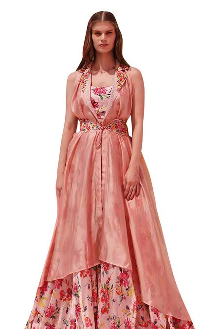Meher By Islie Pink Silk, Organza Embroidery, Pearls Collared Picasso Cape Skirt Set Online at Aza Fashions Meher By Islie_Pink Silk, Organza Embroidery, Pearls Collared Picasso Cape Skirt Set _Online_at_Aza_Fashions