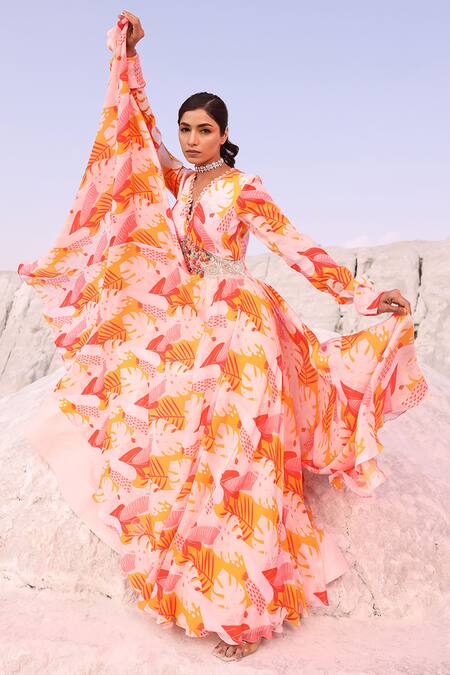 Meher By Islie Pink Crepe Embroidery Scoop Neck Swiss Cheese Leaf Print Anarkali Online at Aza Fashions Meher By Islie_Pink Crepe Embroidery Scoop Neck Swiss Cheese Leaf Print Anarkali _Online_at_Aza_Fashions