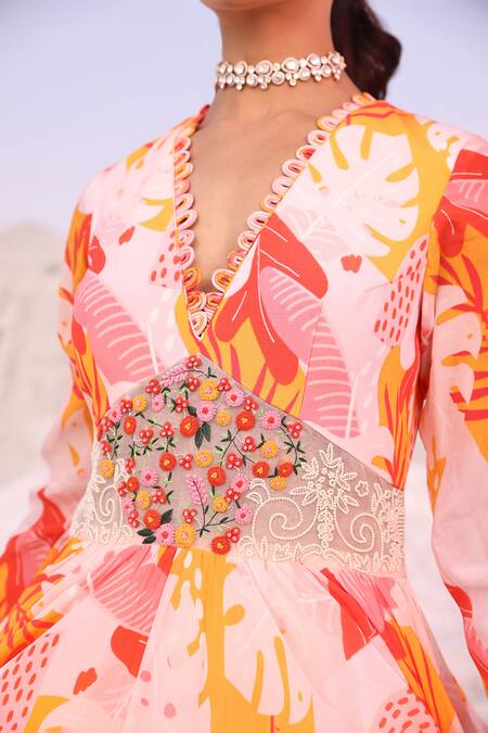 Buy Meher By Islie Pink Crepe Embroidery Scoop Neck Swiss Cheese Leaf Print Anarkali Online at Aza Fashions Buy_Meher By Islie_Pink Crepe Embroidery Scoop Neck Swiss Cheese Leaf Print Anarkali _Online_at_Aza_Fashions