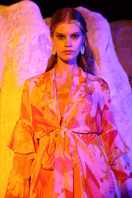 Meher By Islie Pink Crepe Embroidery Shawl Neck Swiss Cheese Printed Shirt And Pant Set Online at Aza Fashions Meher By Islie_Pink Crepe Embroidery Shawl Neck Swiss Cheese Printed Shirt And Pant Set _Online_at_Aza_Fashions