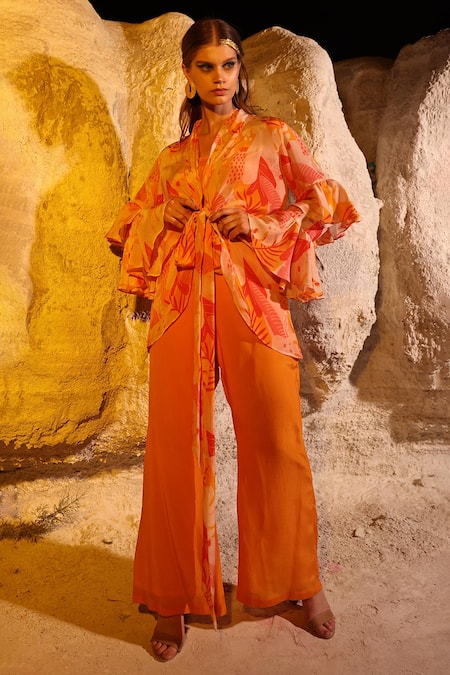 Buy Meher By Islie Pink Crepe Embroidery Shawl Neck Swiss Cheese Printed Shirt And Pant Set Online at Aza Fashions Buy_Meher By Islie_Pink Crepe Embroidery Shawl Neck Swiss Cheese Printed Shirt And Pant Set _Online_at_Aza_Fashions