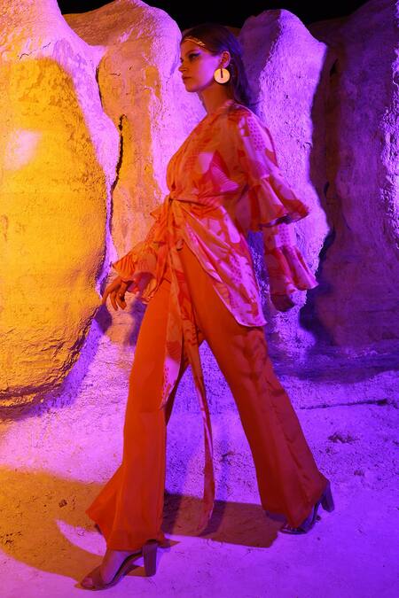 Shop Meher By Islie Pink Crepe Embroidery Shawl Neck Swiss Cheese Printed Shirt And Pant Set at Aza Fashions Shop_Meher By Islie_Pink Crepe Embroidery Shawl Neck Swiss Cheese Printed Shirt And Pant Set _at_Aza_Fashions