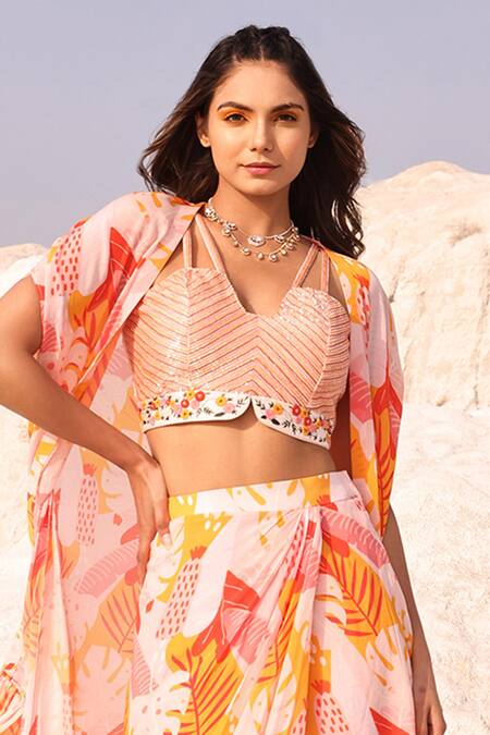 Meher By Islie Pink Crepe, Silk Embroidery V-neck Swiss Cheese Print Cape Skirt Set Online at Aza Fashions Meher By Islie_Pink Crepe, Silk Embroidery V-neck Swiss Cheese Print Cape Skirt Set _Online_at_Aza_Fashions