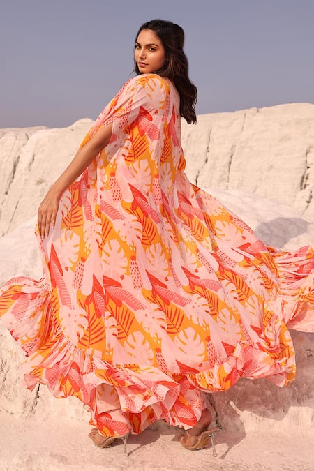 Shop Meher By Islie Pink Crepe, Silk Embroidery V-neck Swiss Cheese Print Cape Skirt Set at Aza Fashions Shop_Meher By Islie_Pink Crepe, Silk Embroidery V-neck Swiss Cheese Print Cape Skirt Set _at_Aza_Fashions