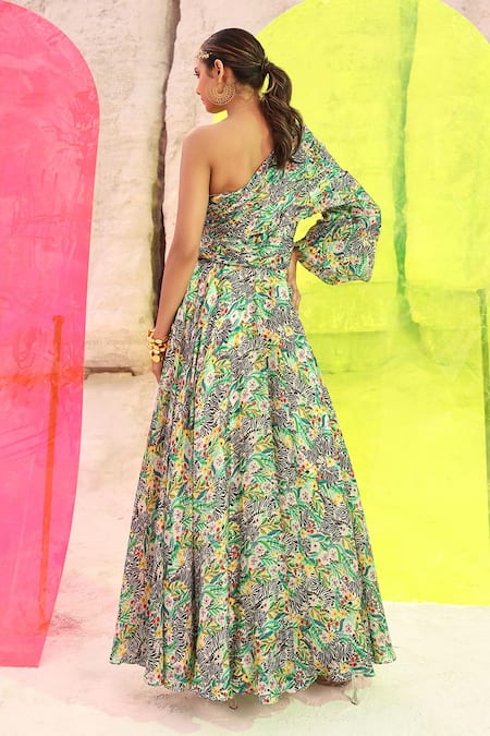 Shop Meher By Islie Multi Color Silk Asymmetric Zebrula Print Dress at Aza Fashions Shop_Meher By Islie_Multi Color Silk Asymmetric Zebrula Print Dress _at_Aza_Fashions
