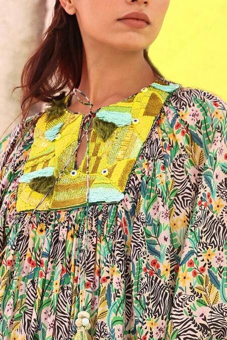 Meher By Islie Multi Color Crepe Keyhole Neck Zebrula Print Yoke Gathered Dress Online at Aza Fashions Meher By Islie_Multi Color Crepe Keyhole Neck Zebrula Print Yoke Gathered Dress _Online_at_Aza_Fashions