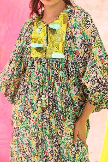 Buy Meher By Islie Multi Color Crepe Keyhole Neck Zebrula Print Yoke Gathered Dress Online at Aza Fashions Buy_Meher By Islie_Multi Color Crepe Keyhole Neck Zebrula Print Yoke Gathered Dress _Online_at_Aza_Fashions