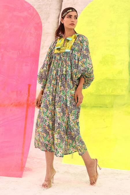 Shop Meher By Islie Multi Color Crepe Keyhole Neck Zebrula Print Yoke Gathered Dress at Aza Fashions Shop_Meher By Islie_Multi Color Crepe Keyhole Neck Zebrula Print Yoke Gathered Dress _at_Aza_Fashions