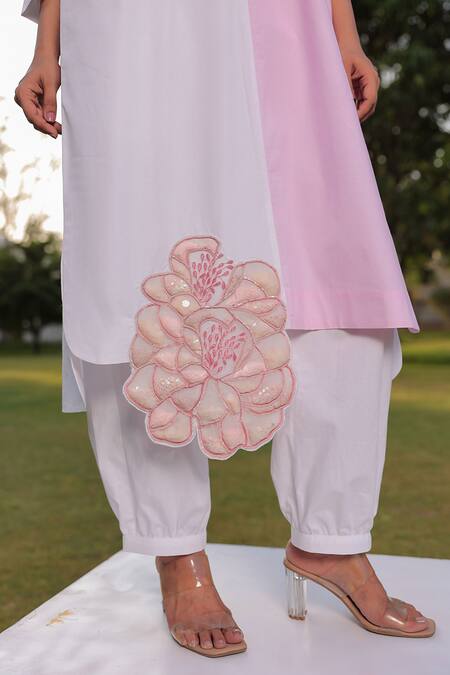 Meher By Islie White Cotton Applique, Jewelled Botanical Bloom Color Block Kurta With Pant at Aza Fashions Meher By Islie_White Cotton Applique, Jewelled Botanical Bloom Color Block Kurta With Pant _at_Aza_Fashions