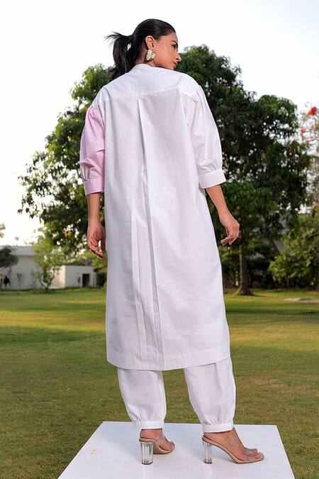 Shop Meher By Islie White Cotton Applique, Jewelled Botanical Bloom Color Block Kurta With Pant at Aza Fashions Shop_Meher By Islie_White Cotton Applique, Jewelled Botanical Bloom Color Block Kurta With Pant _at_Aza_Fashions