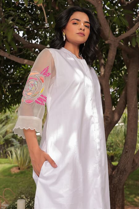 Shop_Meher By Islie_White Cotton, Organza Embroidery, Sequins Collared Jewelled Rose Bud Shirt Dress _Online_at_Aza_Fashions