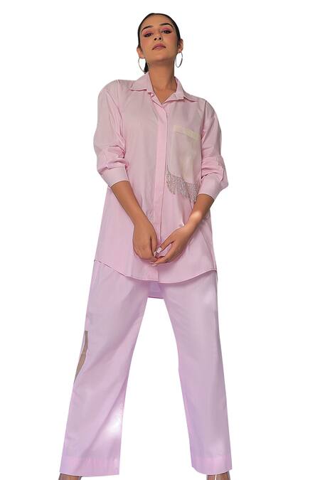 Meher By Islie Pink Cotton, Organza Fringe Collared Jumbo Pocket Shirt With Pant at Aza Fashions Meher By Islie_Pink Cotton, Organza Fringe Collared Jumbo Pocket Shirt With Pant _at_Aza_Fashions