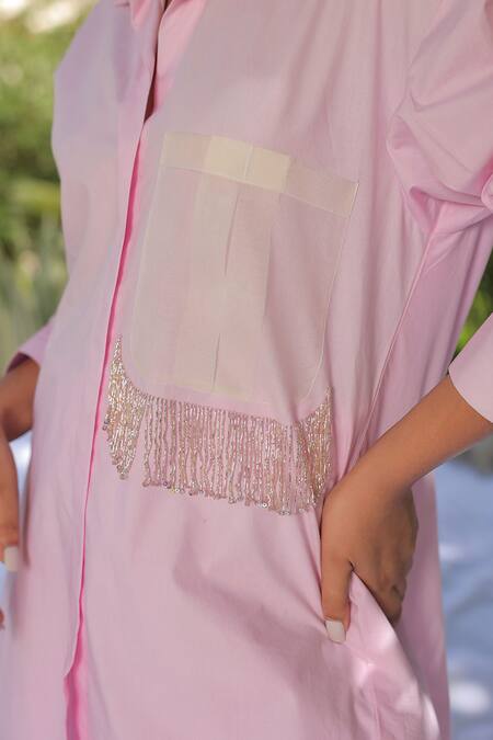 Buy Meher By Islie Pink Cotton, Organza Fringe Collared Jumbo Pocket Shirt With Pant Buy_Meher By Islie_Pink Cotton, Organza Fringe Collared Jumbo Pocket Shirt With Pant
