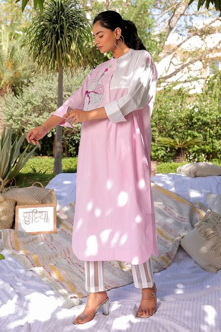 Meher By Islie_Pink Cotton, Organza Beads, Sequins Placement Floral Embroidered Tunic With Pant _Online_at_Aza_Fashions