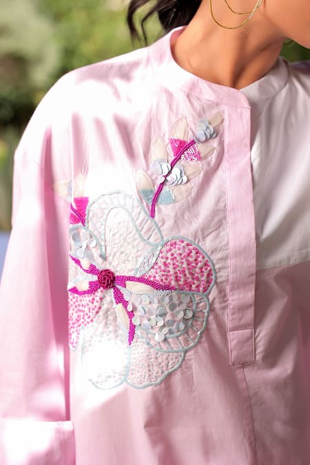 Buy_Meher By Islie_Pink Cotton, Organza Beads, Sequins Placement Floral Embroidered Tunic With Pant _Online_at_Aza_Fashions