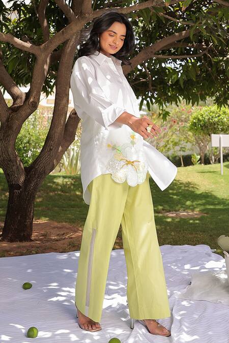 Buy Meher By Islie White Cotton Embroidery, Sequins Collared Peony Frost High Low Shirt With Pant Online at Aza Fashions Buy_Meher By Islie_White Cotton Embroidery, Sequins Collared Peony Frost High Low Shirt With Pant _Online_at_Aza_Fashions