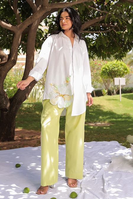 Shop Meher By Islie White Cotton Embroidery, Sequins Collared Peony Frost High Low Shirt With Pant Online at Aza Fashions Shop_Meher By Islie_White Cotton Embroidery, Sequins Collared Peony Frost High Low Shirt With Pant _Online_at_Aza_Fashions