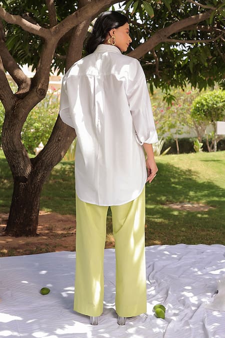 Shop Meher By Islie White Cotton Embroidery, Sequins Collared Peony Frost High Low Shirt With Pant at Aza Fashions Shop_Meher By Islie_White Cotton Embroidery, Sequins Collared Peony Frost High Low Shirt With Pant _at_Aza_Fashions