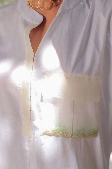 Meher By Islie_White Cotton Embroidery, Sequins Mandarin Collar Peony Mint Frost Shirt Dress _Online_at_Aza_Fashions