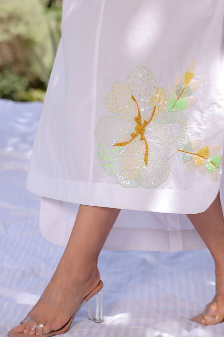 Buy_Meher By Islie_White Cotton Embroidery, Sequins Mandarin Collar Peony Mint Frost Shirt Dress _Online_at_Aza_Fashions