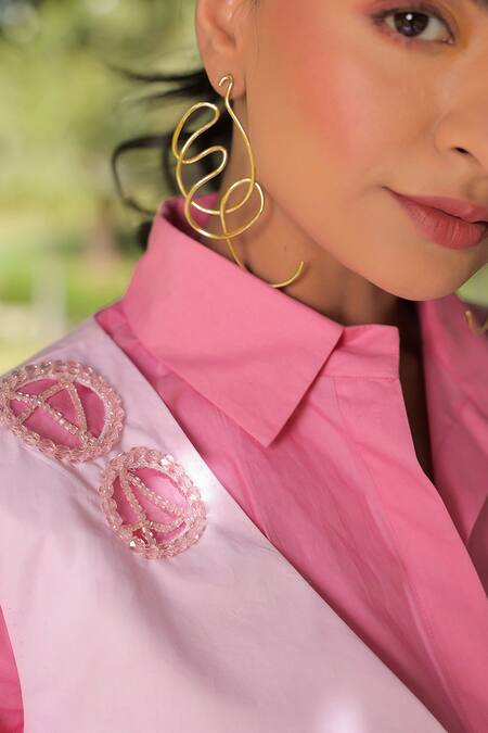 Buy Meher By Islie Pink Cotton Beads Collared Shirt Embroidered Jacket And Pant Set Buy_Meher By Islie_Pink Cotton Beads Collared Shirt Embroidered Jacket And Pant Set