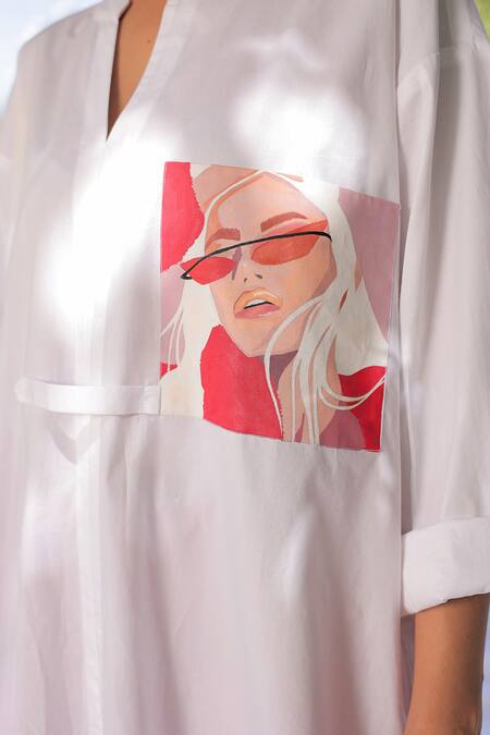 Buy Meher By Islie White Cotton, Linen Collared Rebel Kid Print Tunic With Pant Buy_Meher By Islie_White Cotton, Linen Collared Rebel Kid Print Tunic With Pant