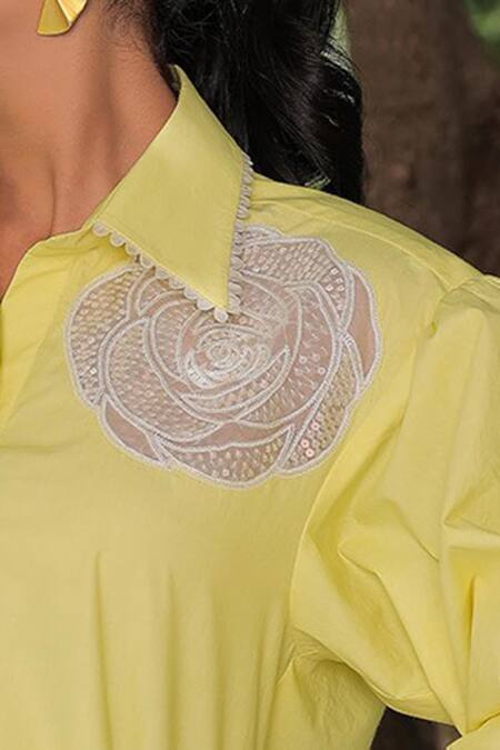 Buy Meher By Islie Green Cotton Embroidery Collared Rose Applique Shirt With Pant Online at Aza Fashions Buy_Meher By Islie_Green Cotton Embroidery Collared Rose Applique Shirt With Pant _Online_at_Aza_Fashions