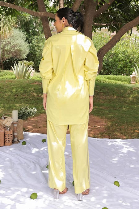 Shop Meher By Islie Green Cotton Embroidery Collared Rose Applique Shirt With Pant at Aza Fashions Shop_Meher By Islie_Green Cotton Embroidery Collared Rose Applique Shirt With Pant _at_Aza_Fashions