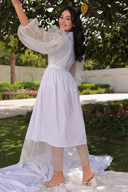 Meher By Islie White Cotton Applique Round Neck Rose Puffy Sleeve Dress Online at Aza Fashions Meher By Islie_White Cotton Applique Round Neck Rose Puffy Sleeve Dress _Online_at_Aza_Fashions
